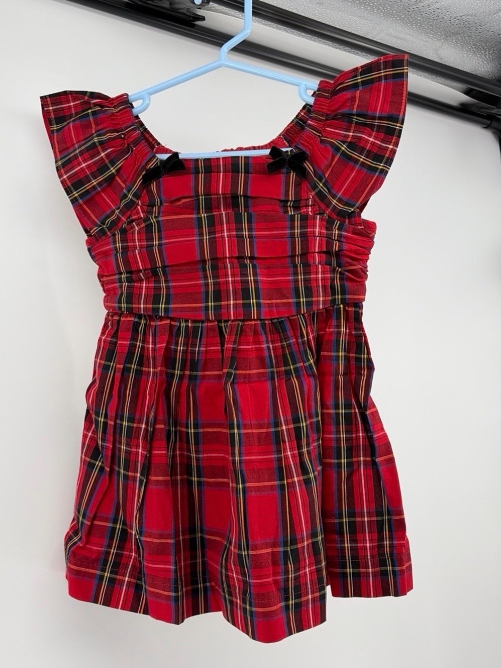 Crewcuts Girls Red/Black Tartan Ruched Bodice Dress-Black Velvet Bows-Size 3-NWT